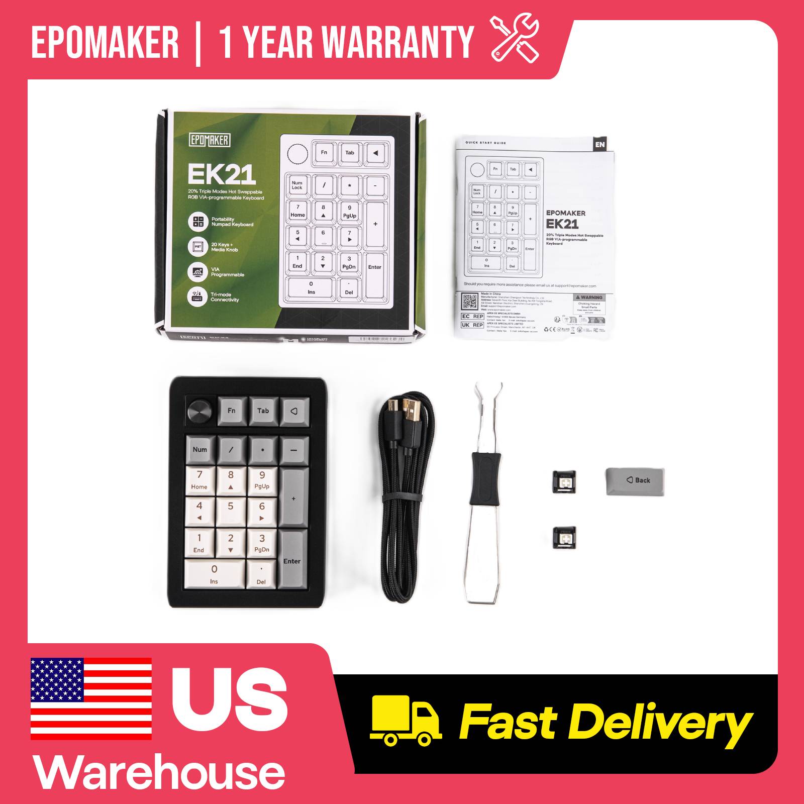EPOMAKER EK21 20% Gasket Hot-S - огляд і ціна Mechanical Numpad Hot Swap Rgb Wireless